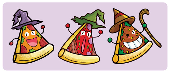 Funny pizza wearing witch hat cartoon character set