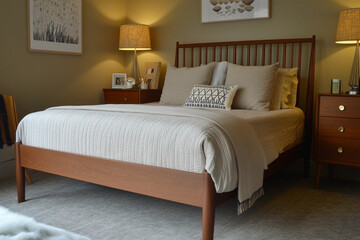 Minimalist bedroom featuring a neutral bed with soft bedding and warm lighting in a cozy atmosphere