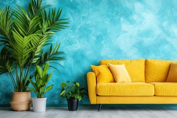 Yellow Sofa Plants Teal Wall Home Decor