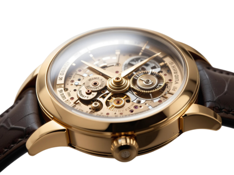 A close-up of a premium gold watch with tiny mechanical parts visible, isolated on a transparent background.