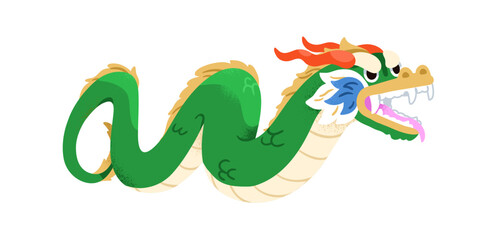 Chinese dragon, festive lunar mascot. Asian New Year fantasy animal from China myth, legend. Holiday character, traditional folk culture, symbol. Flat vector illustration isolated on white background