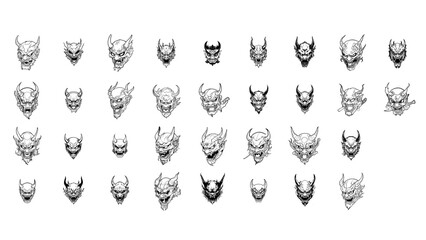 Japanese Oni Mask Logo Pack Traditional Demon Head Line Art Illustration