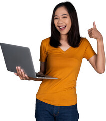 Portrait of a Young Woman Holding a Laptop with a Confident Smile Isolated Transparent