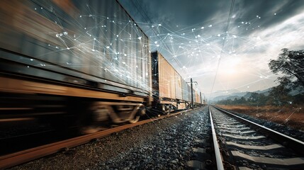 Obraz premium Fast Moving Freight Train in Motion Across Scenic Landscape