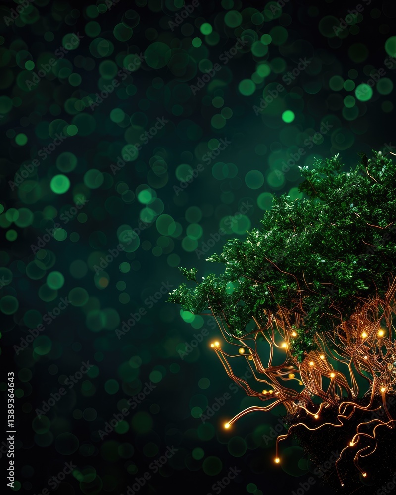 Poster glowing tree roots digital art abstract nature background with illuminated branches green foliage