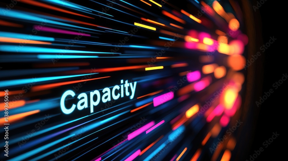 Poster abstract capacity concept image showing fast moving neon lights representing high bandwidth data tra