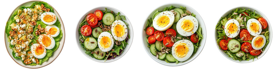 Four fresh healthy salad variations with boiled eggs.