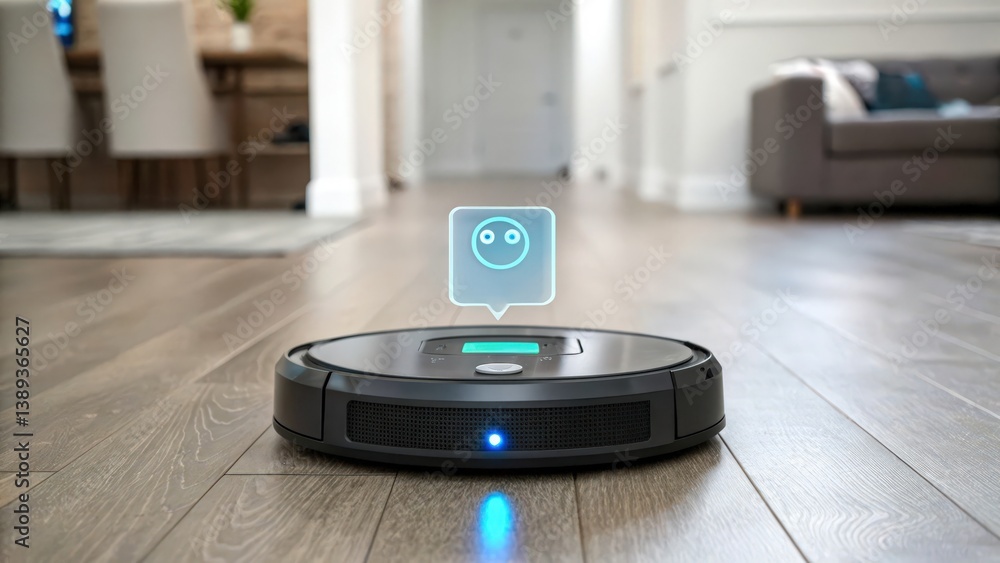 Poster iot voice assistant technology, a robotic vacuum that responds to voice commands from a holographic 