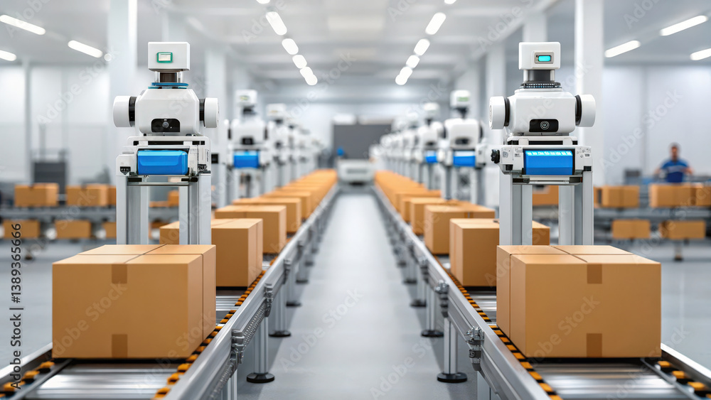Poster a modern production line featuring robotic sorting and packaging technology. factory automation,