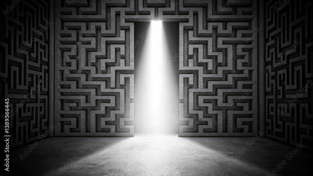 Aufkleber a dark maze with intricate patterns, illuminated by a bright light streaming through an opening, cre