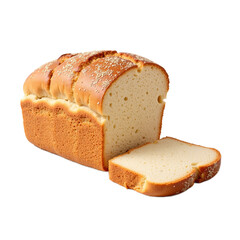 A freshly baked loaf of golden-brown bread with a slice cut out, showcasing its soft and airy interior.