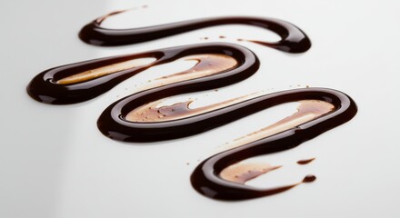 Naklejka premium Drizzled Chocolate Sauce - Close-up of dark chocolate sauce drizzled artistically on a white background. Perfect for food blogs, menus, and dessert recipes
