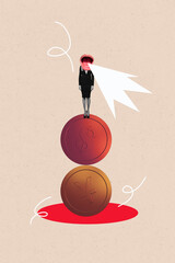 Trend artwork 3D photo collage of young lady lips head speech stand pile coins money dollar yuan...