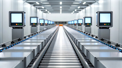 Fototapeta premium Digital transformation with industry 4.0, A modern conveyor system with multiple screen displays, designed for efficient product handling in a streamlined industrial environment.