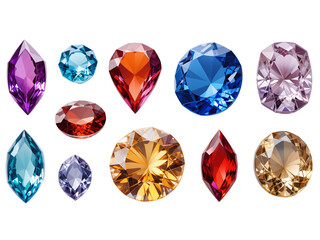 A set of high-resolution, transparent 3D crystal gems in various colors and shapes, isolated on a transparent background for luxury and jewelry-themed designs.