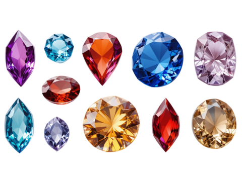 A set of high-resolution, transparent 3D crystal gems in various colors and shapes, isolated on a transparent background for luxury and jewelry-themed designs.