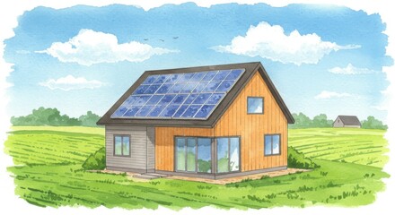 Watercolor Eco-Friendly Farmhouse with Solar Panels - Sustainable living, renewable energy, modern design, idyllic countryside