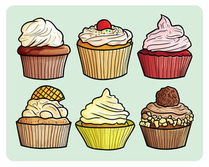 Yummy and fresh cupcakes cartoon illustration set