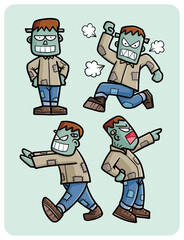 Funny Frankenstein in action cartoon illustration set