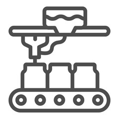 Robotic arm and conveyor with jars line icon, pharmacy concept. Vector graphics. Conveyor for plastic jars, production sign on white background, outline style icon for mobile or web design.