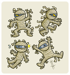 Funny full body mummy cartoon illustration set.