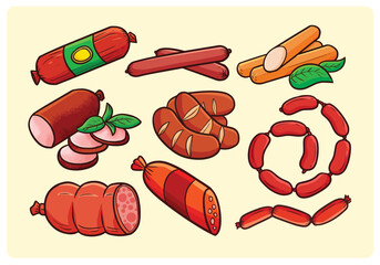 Funny sausages cartoon illustration set in many sizes