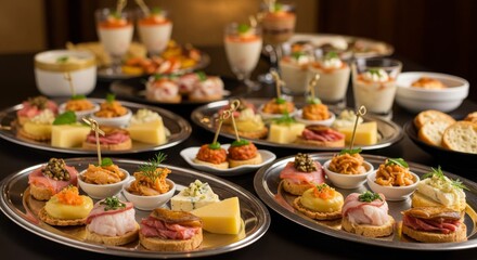 Elegant Appetizer Buffet - A lavish spread of gourmet appetizers, perfect for a sophisticated event or celebration. Variety of delicious canapés and small bites