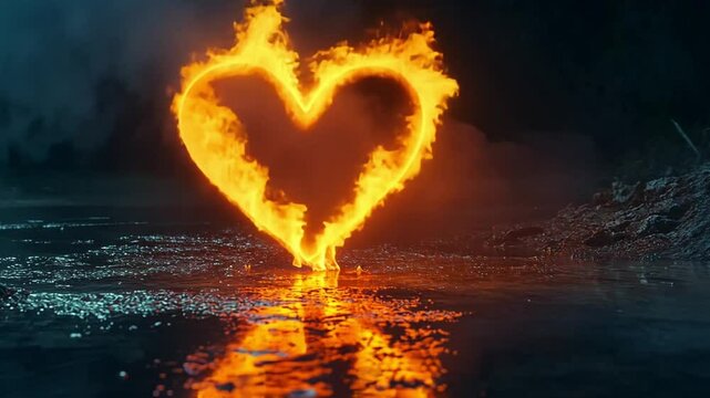 A glowing heart shape made of fire reflecting on a tranquil water surface at night