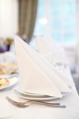 Elegant Table Setting with Folded Napkins and Cutlery in Soft Focus..