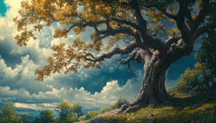 Fototapeta premium Majestic old tree against a dramatic sky with golden foliage on rolling hills