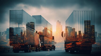 Double Exposure City Skyline with Logistics and Trucks