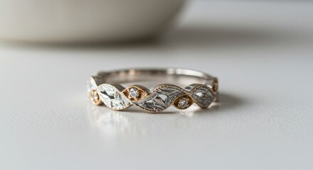 Elegant White Gold and Rose Gold Filigree Ring - A close-up of a delicate two-tone ring, symbolizing love, commitment, elegance, artistry, and sophistication