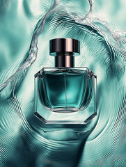 Luxury perfume glass bottle with light blue liquid with gold cap standing on blue water surface