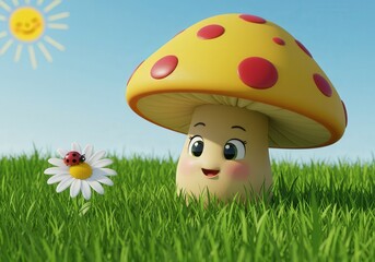 Cheerful cartoon mushroom interacts with ladybug in a sunny meadow
