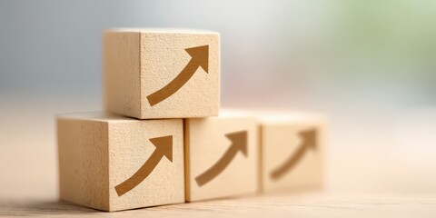 Import Tariffs policy impact concept. Wooden blocks with upward arrows symbolizing growth and progress.