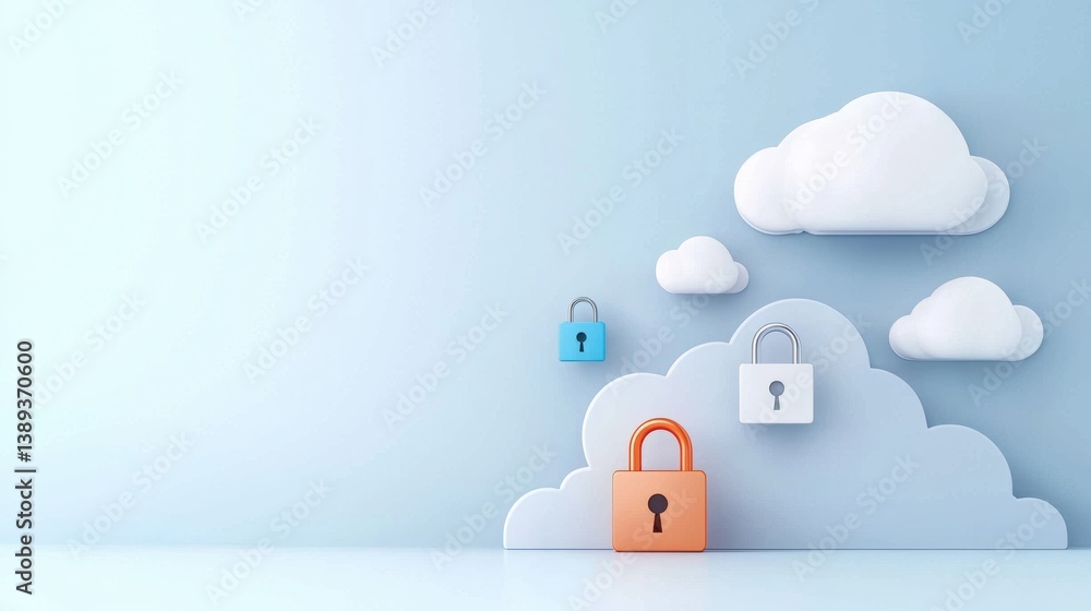 Poster a serene digital illustration featuring colorful locks within stylized clouds, symbolizing security 