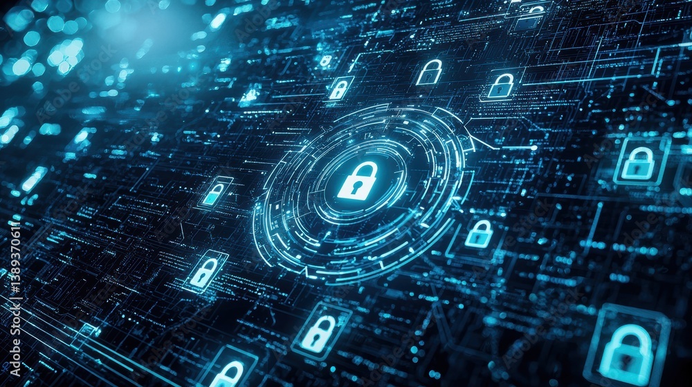 Poster a digital illustration showcasing a network of interconnected locks symbolizing cybersecurity and da