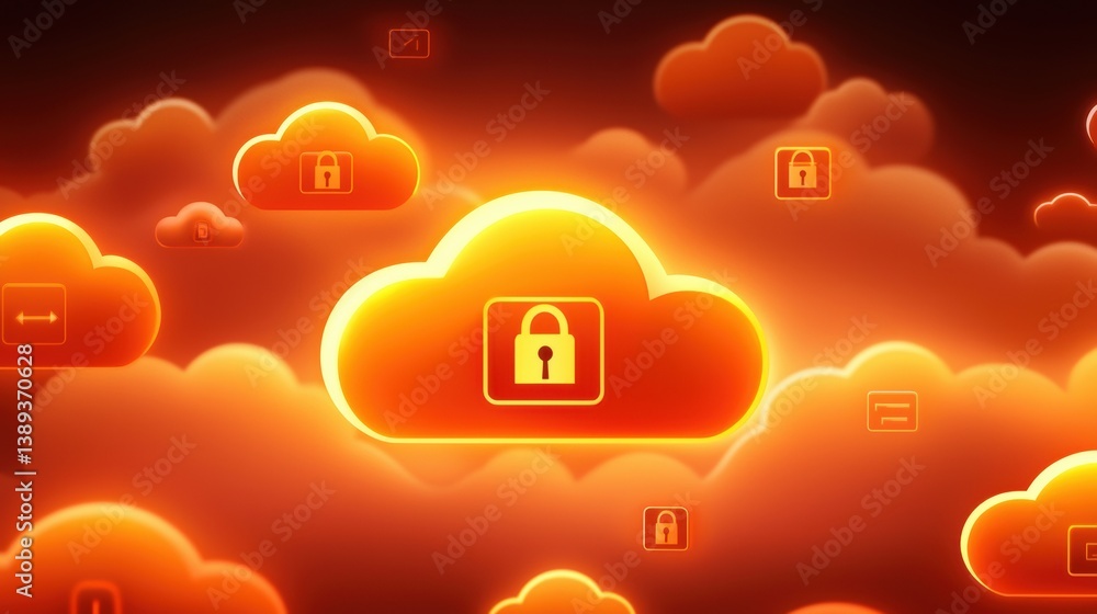 Poster a vibrant illustration of clouds with a lock symbol, representing cloud storage security and data pr