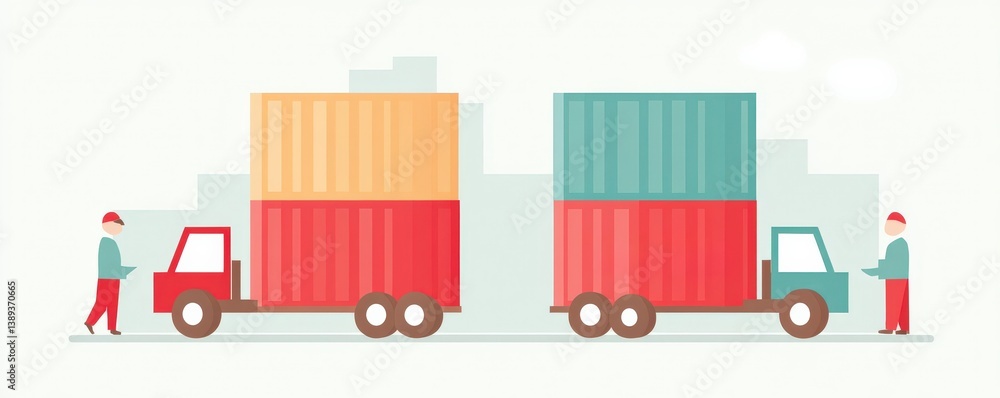 Poster import tariffs policy impact concept. two trucks loading colorful shipping containers with workers.