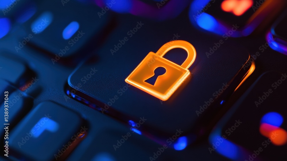 Poster a close-up of a keyboard key featuring a glowing padlock symbol, symbolizing security and data prote