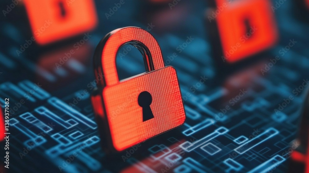 Poster a close-up of red digital locks on a blue circuit board, symbolizing cybersecurity and data protecti