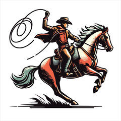 Fototapeta premium Cowboy riding horse and lassoing vector silhouette logo and t-shirt