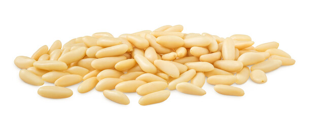 Shelled European pine nuts isolated on white background with full depth of field