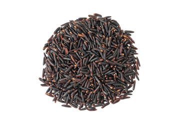 Black wild rice isolated on white background close up. Top view. Flat lay