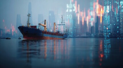 Obraz premium Cargo Ship on Water with Double Exposure of Stock Market Data
