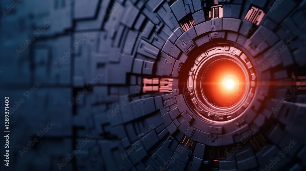 Poster a futuristic, abstract close-up featuring a glowing orb surrounded by intricate geometric patterns a