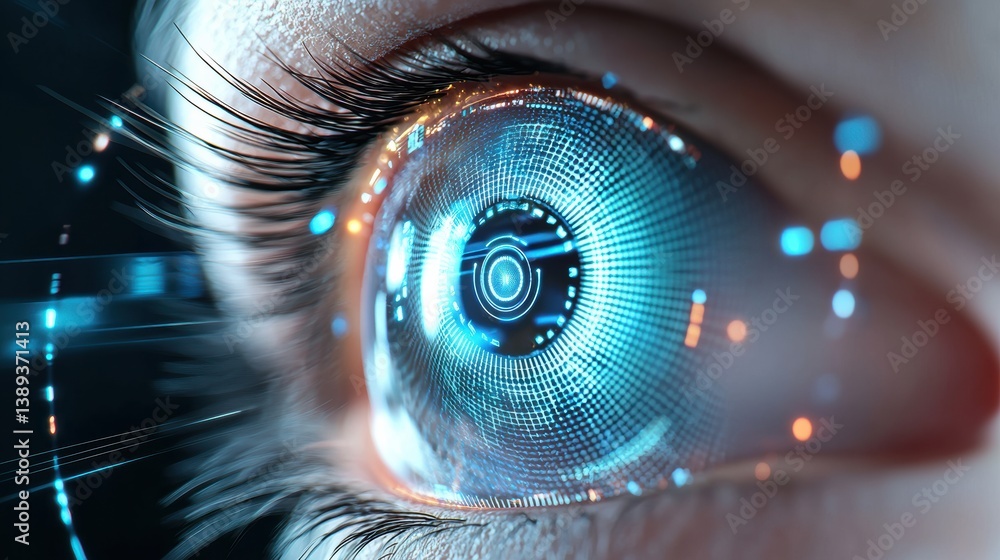 Poster a futuristic close-up of a human eye with a digital interface, showcasing intricate patterns and tec