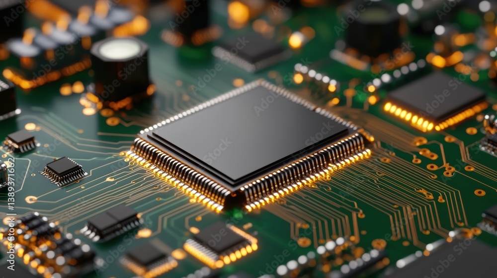 Poster a close-up view of a circuit board featuring a prominent microprocessor, with intricate pathways and
