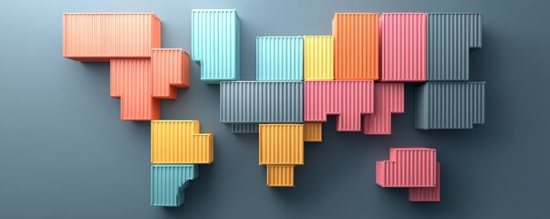 Import Tariffs policy impact concept. Colorful abstract representation of a world map using container shapes.