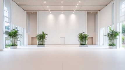 Fototapeta premium A large, bright white hall features a minimalist design. Three potted plants are symmetrically placed. The high-resolution image uses natural light, creating a clean aesthetic. The colors are muted